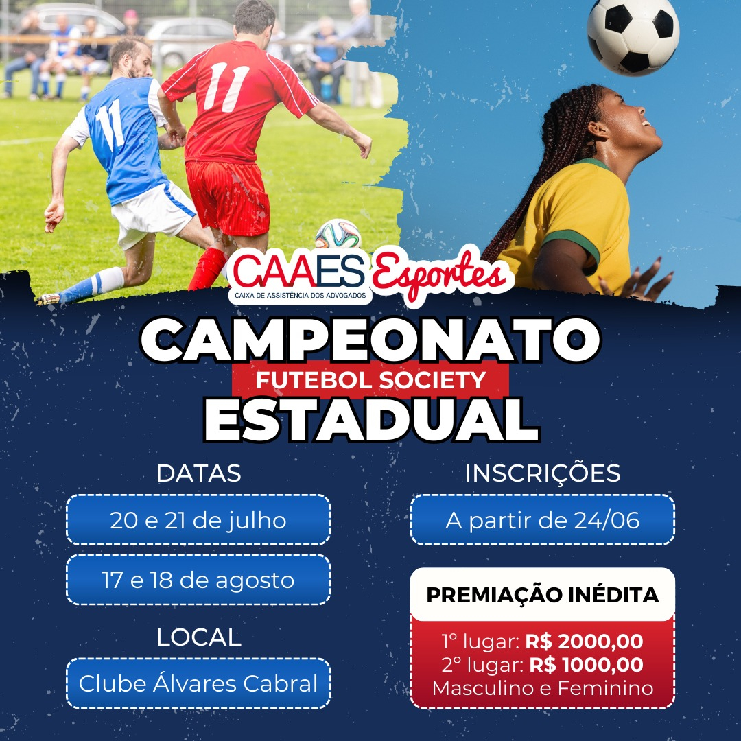 A partir de segunda (24/06), CAAES abre inscrições para Campeonato de Futebol Society, com premiação inédita