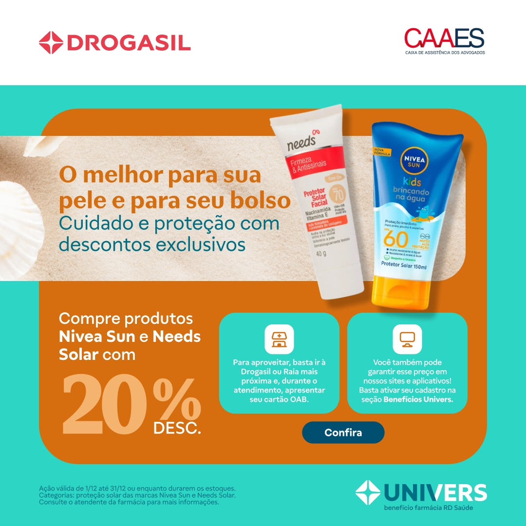 Proteção para sua pele com desconto: Raia Drogasil oferece 20% de desconto em produtos Nívea Sun e Needs Solar