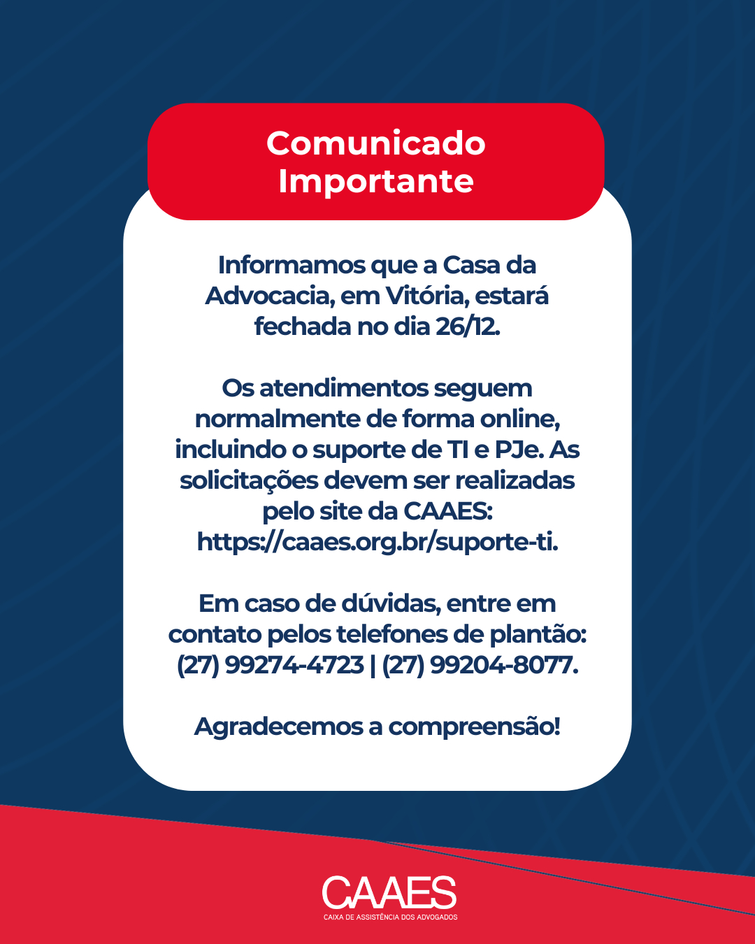 COMUNICADO: Funcionamento 26/12