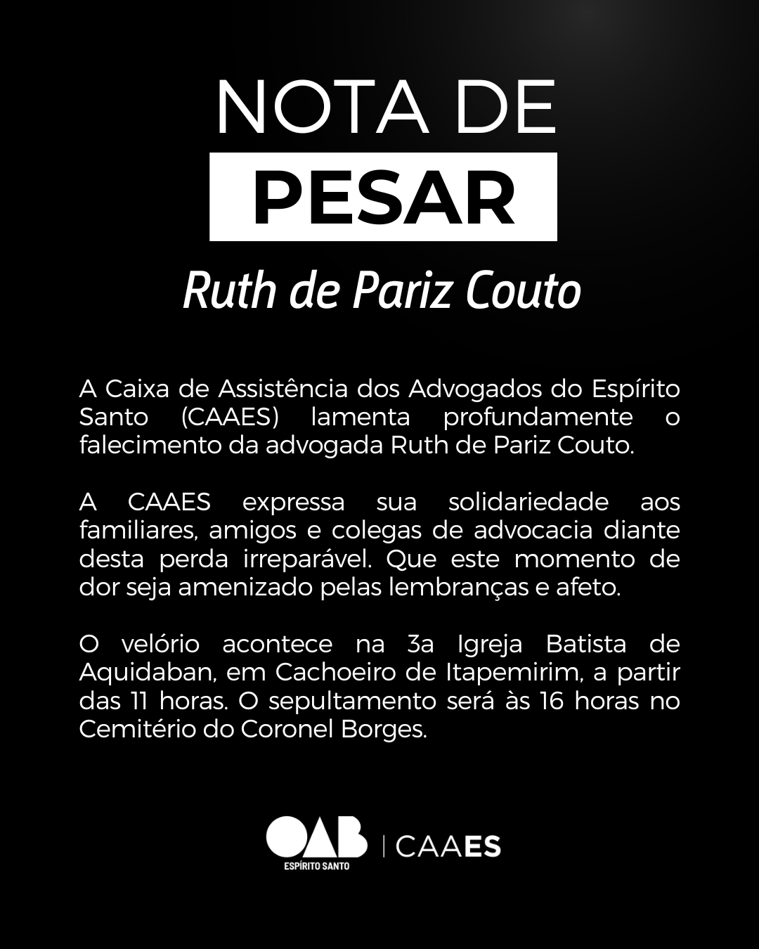 NOTA DE PESAR: Ruth de Pariz Couto