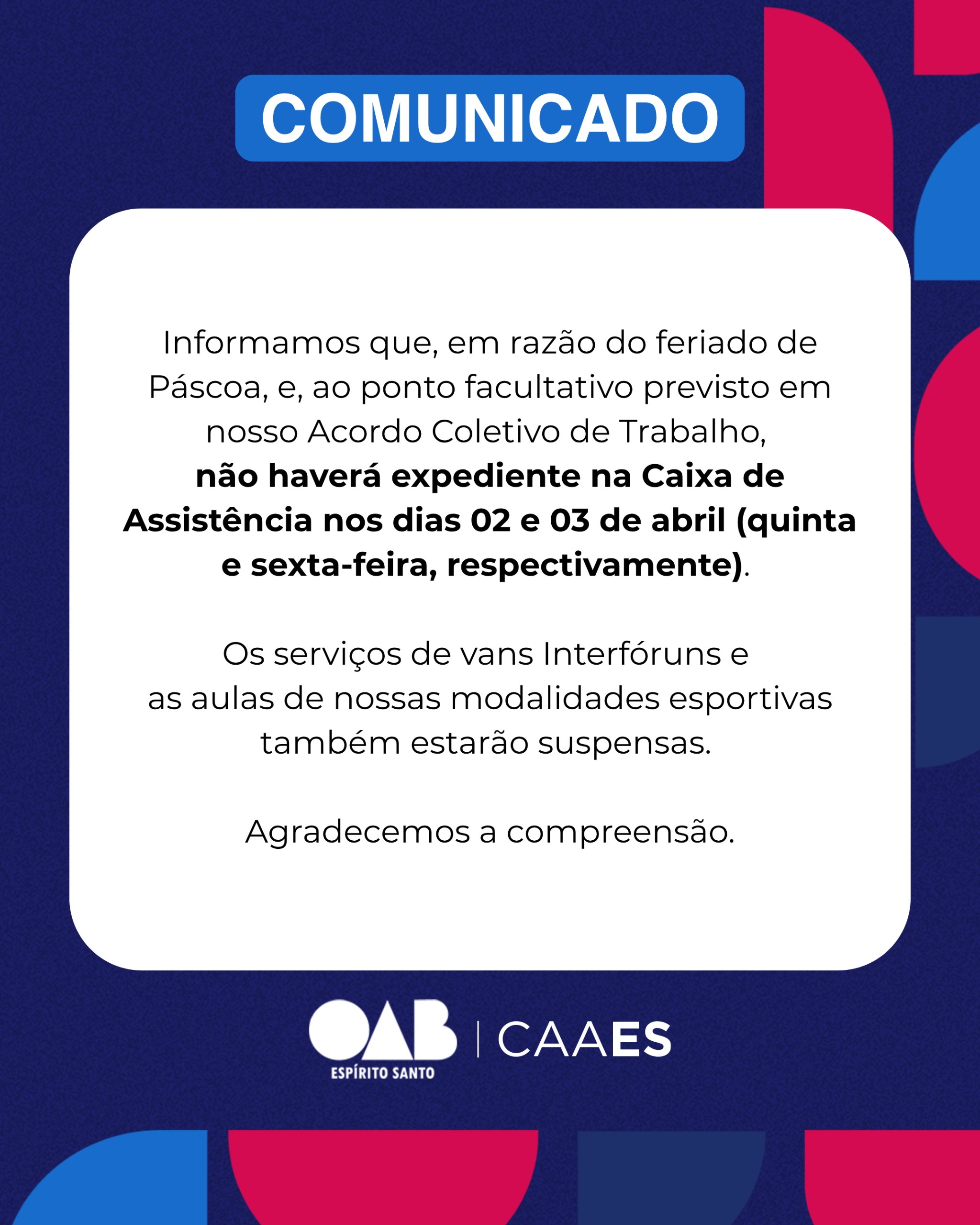 Comunicado: expediente nos dias 02 e 03 de abril