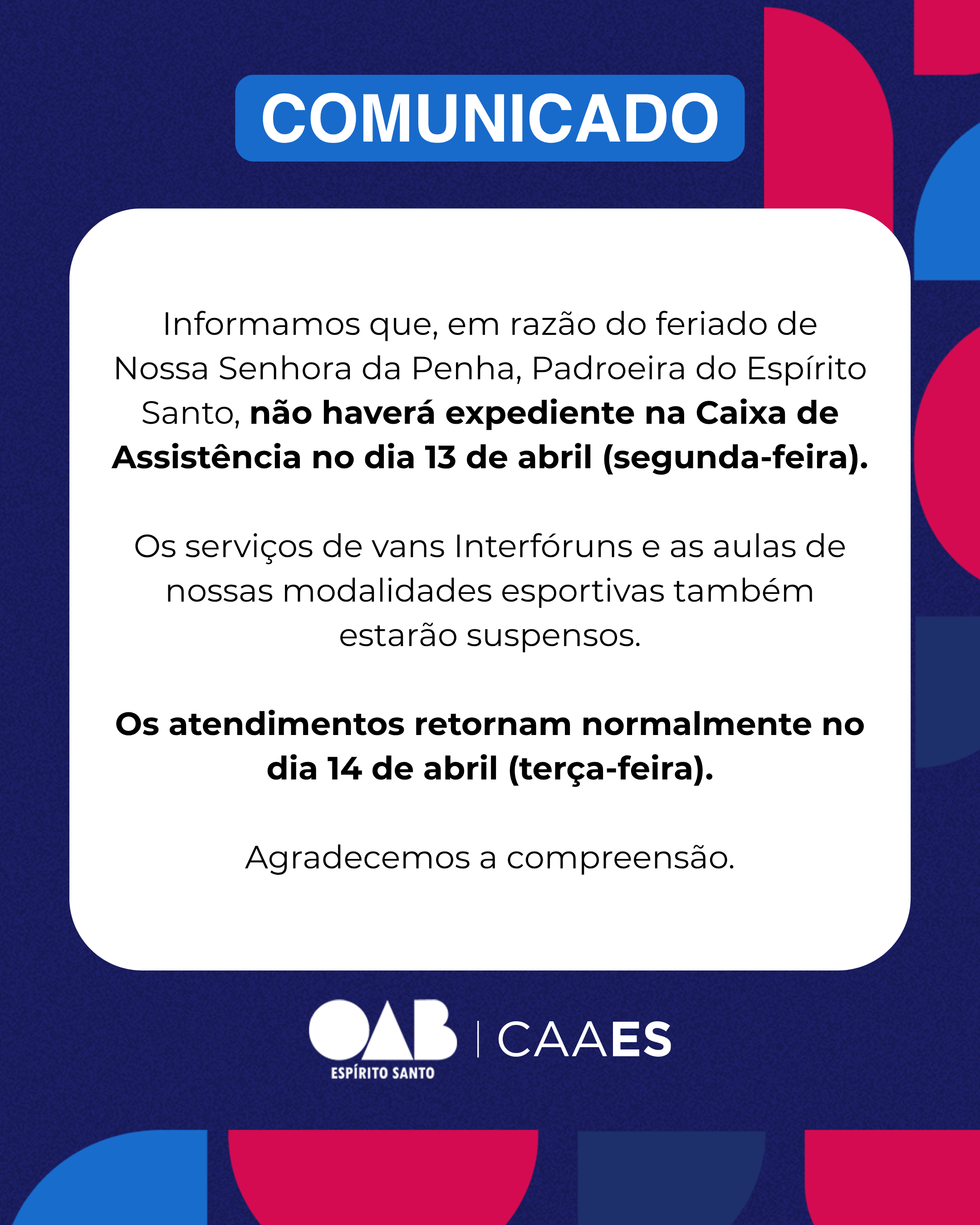 Comunicado: expediente no dia 13 de abril