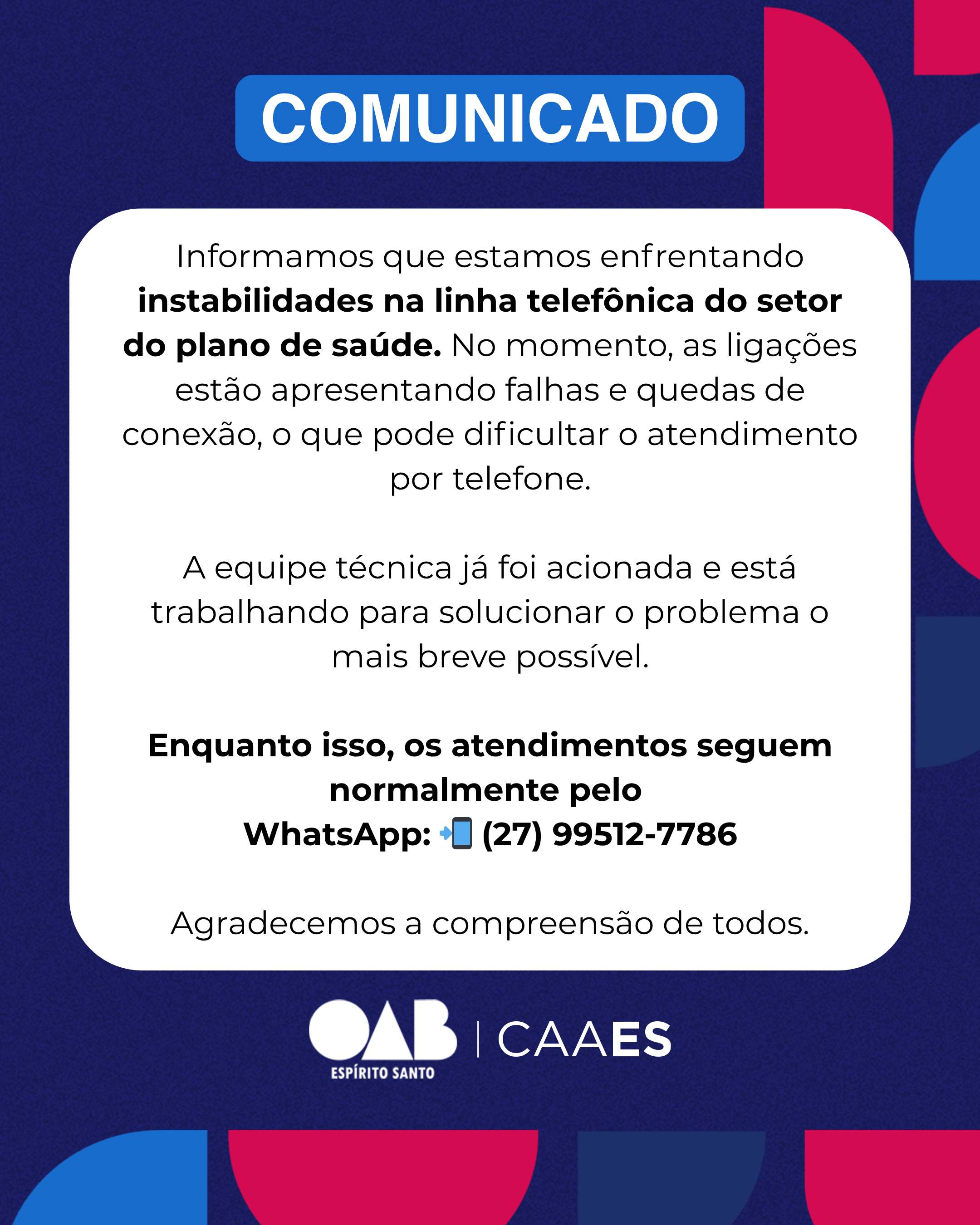 COMUNICADO - Instabilidade Telefônica
