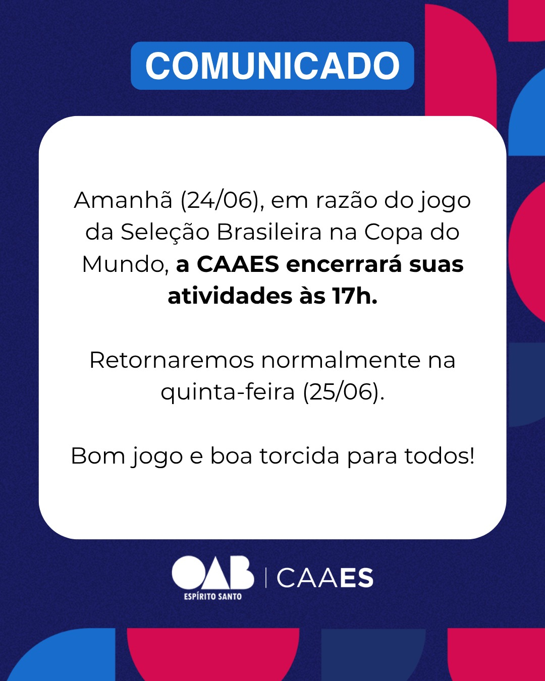 Comunicado: expediente no dia 24 dejunho